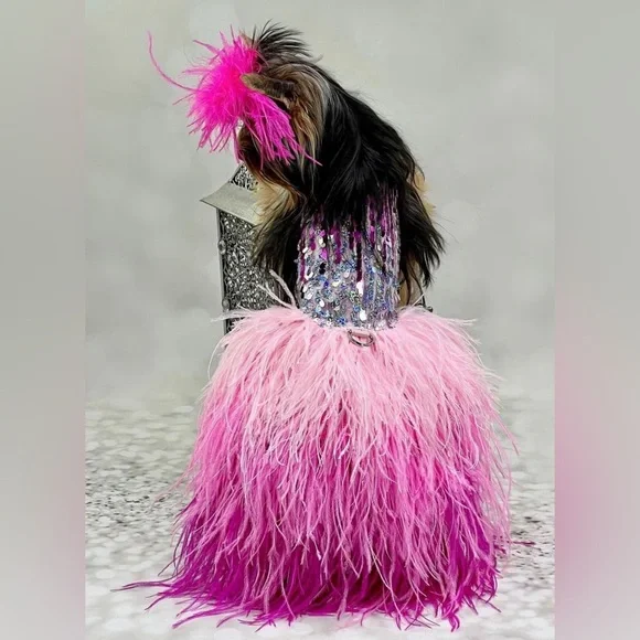 Handmade Ombré Sequin Ostrich Feather Dog Dress In Barbie Pink! - Picture 2 of 3